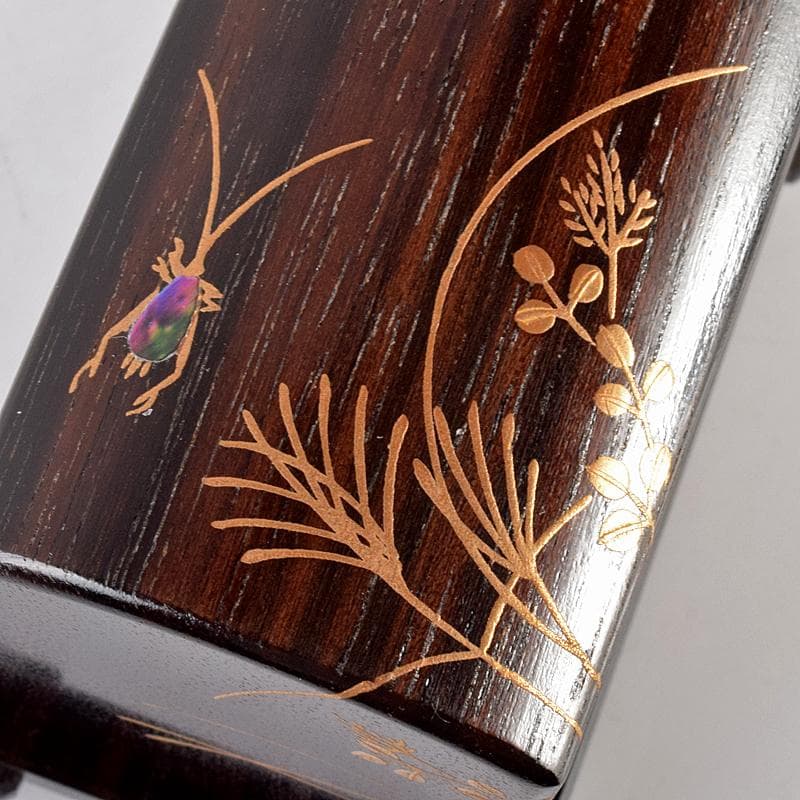 茶道具 道場宗廣作 虫に秋草 黒檀虫篭蒔絵 香合 共箱 M R5049