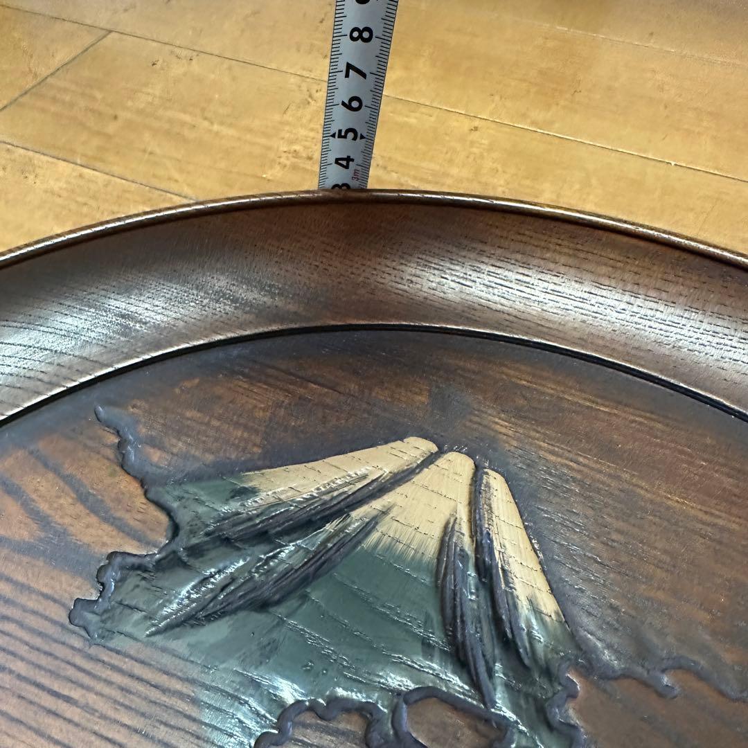 烏城彫 富士山 伝統工芸 銘 螺钿 春峰39.5cm 木彫り茶盆 3枚