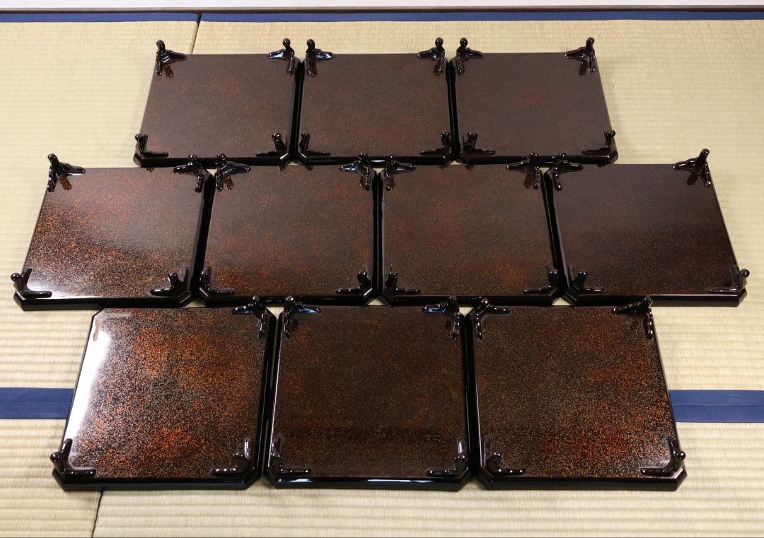 漆芸 山水松竹梅 蝋色塗硯蓋形座附膳 十客 金蒔絵 四方膳 蓬莱鶴亀